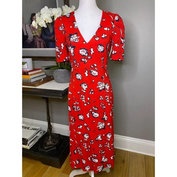 Veronica Beard Joia Red Multi Floral Print V-Neck Midi Dress Women's Size 2 - Picture 5 of 12